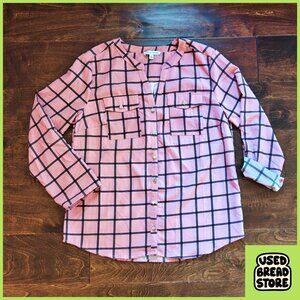 Notations Women’s Button-up Blouse | M | Pink, Plaid | Convertible Sleeves